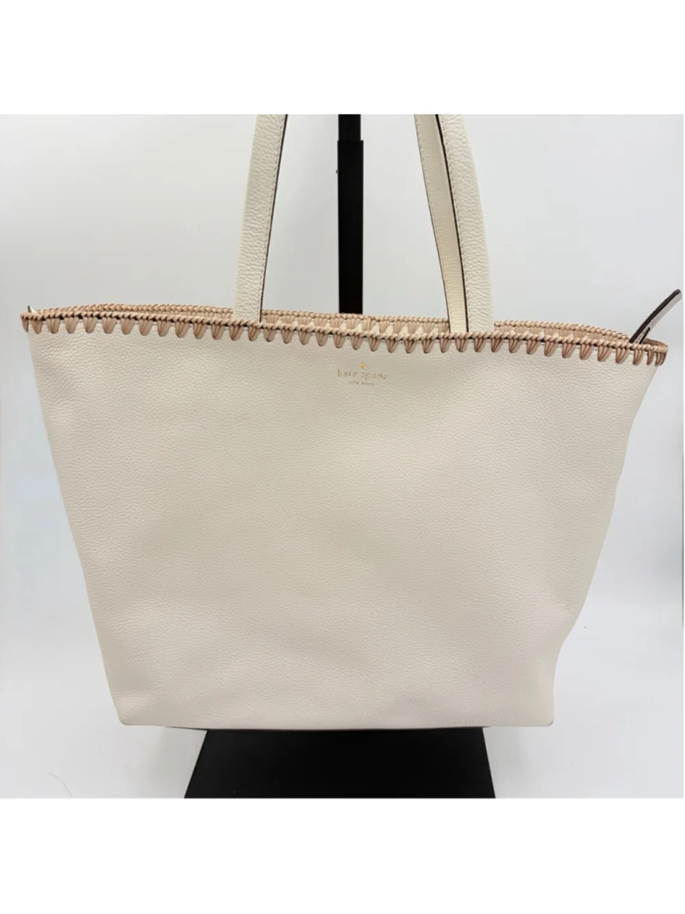KATE SPADE New York Large Pebbled Leather Zip Tote Cream Whipstitch
